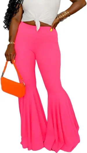 GUOLEZEEV Women Bell Bottoms Solid Elastic Waist Stretchy Fitted and Flared Pants Plus Size