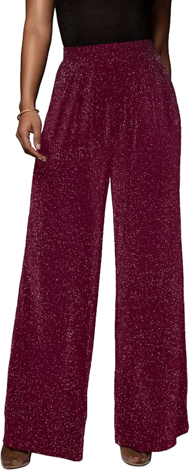 GUOLEZEEV Women High Elastic Waist Wide Leg Palazzo Pants Casual Loose Long Pant Trouser