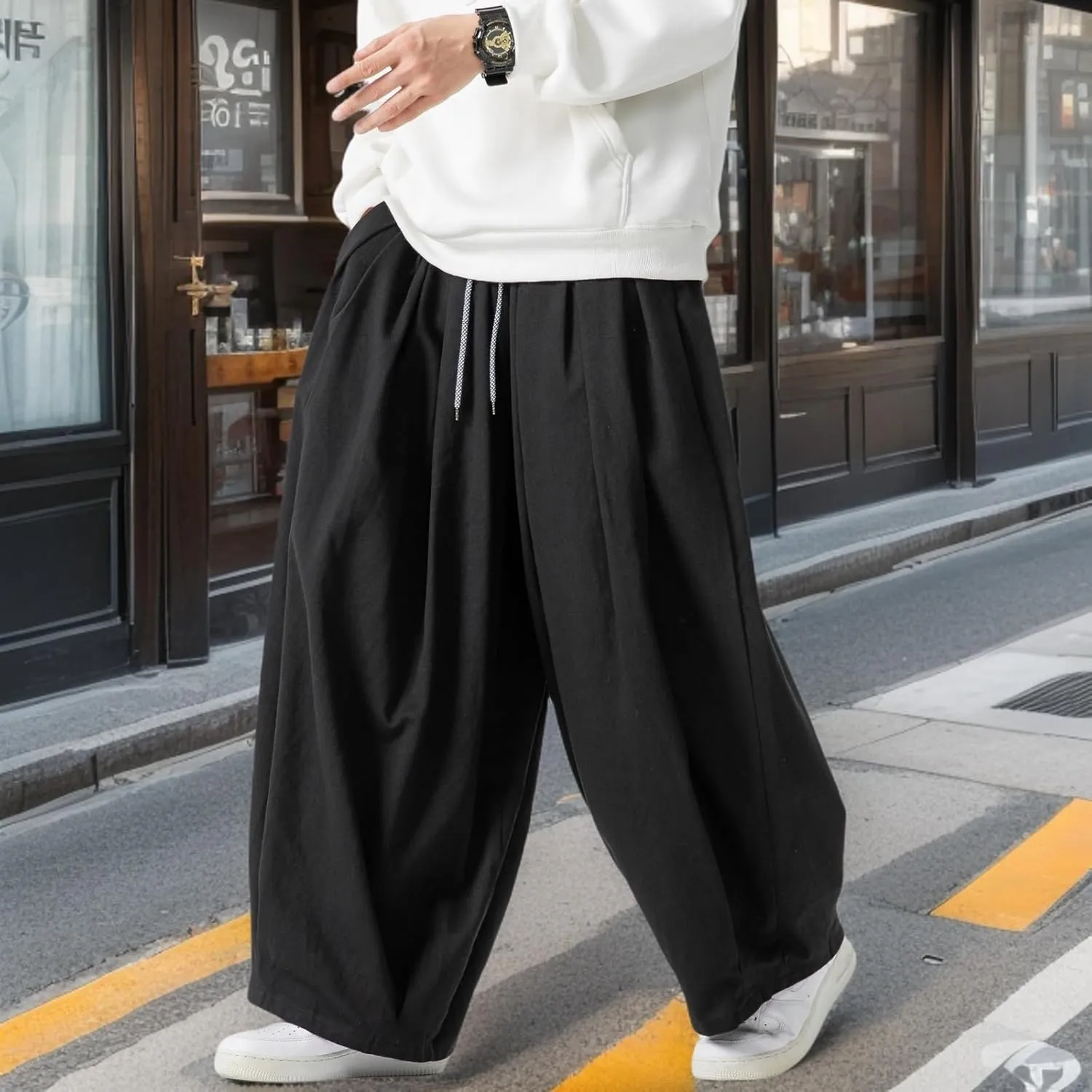 GURUNVANI Mens Wide Leg Harem Pants Japanese Loose Fit Pants Casual Elastic Waist Trouser