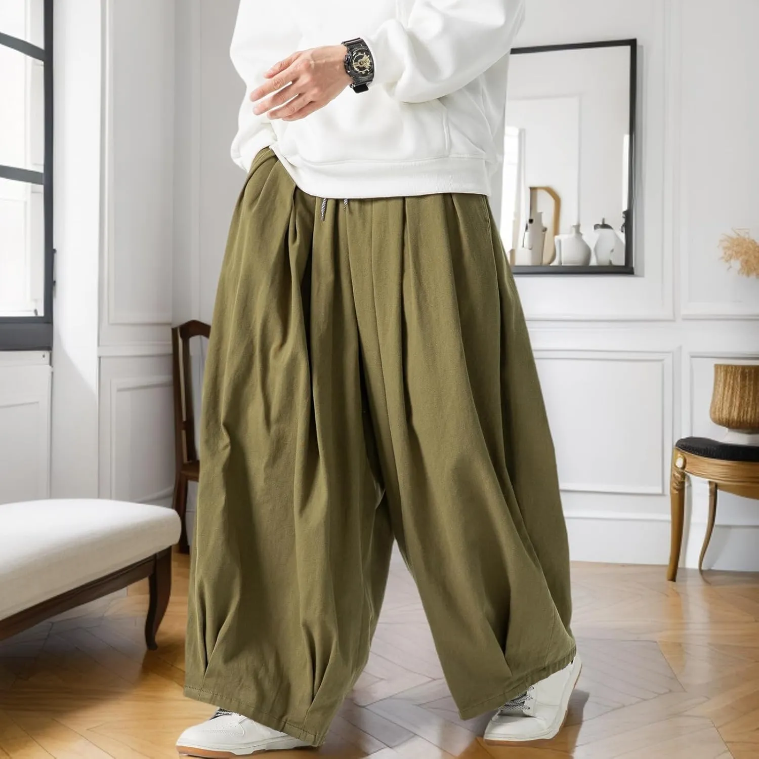 GURUNVANI Mens Wide Leg Harem Pants Japanese Loose Fit Pants Casual Elastic Waist Trouser