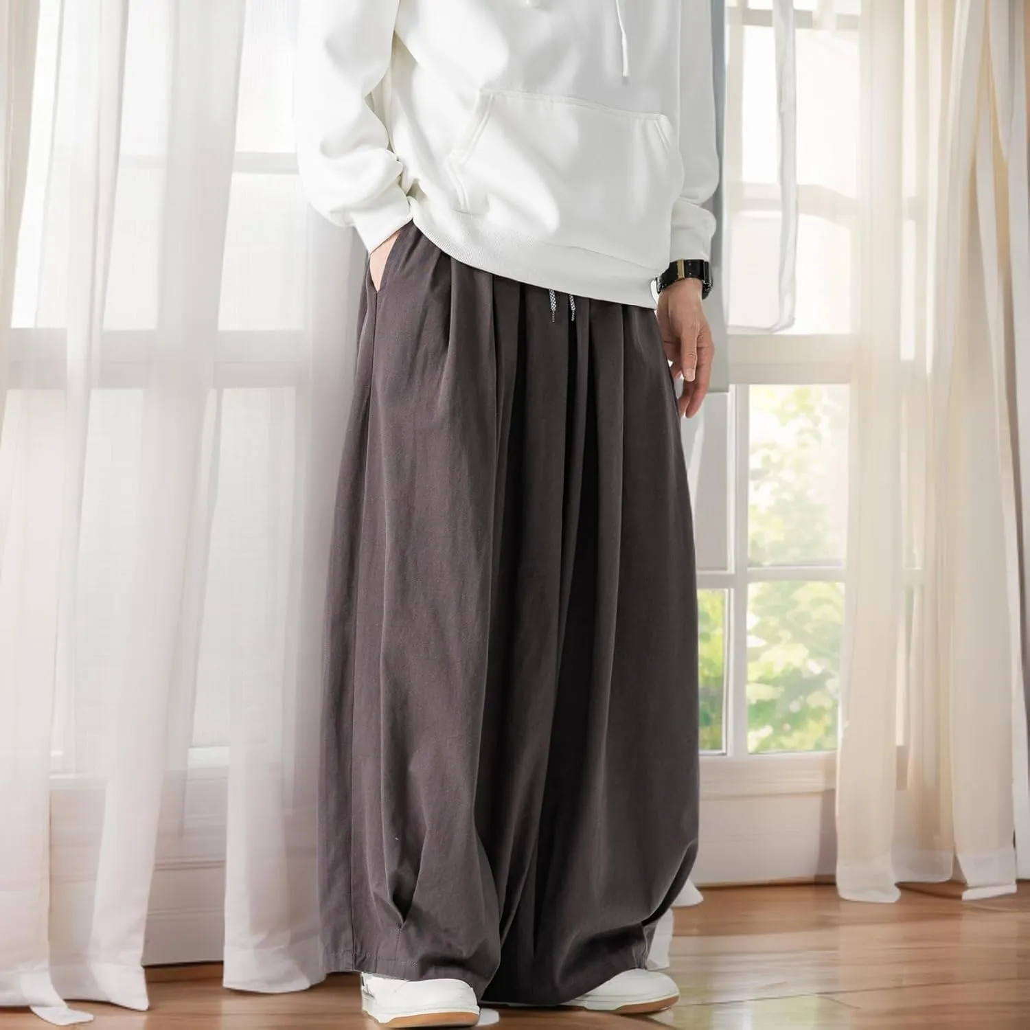 GURUNVANI Mens Wide Leg Harem Pants Japanese Loose Fit Pants Casual Elastic Waist Trouser