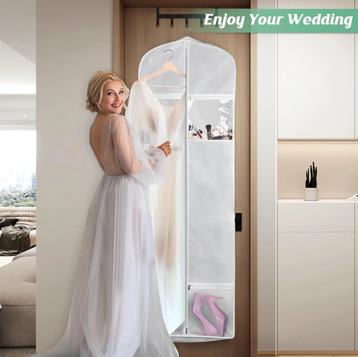 Habrur Clothes Cover 2pcs 70"" Wedding Dress Garment Bag With Tote Bag 8'' Gusseted Dress Bags 4 Pockets Suit Bags, 58.4*20.3*177.8cm, White