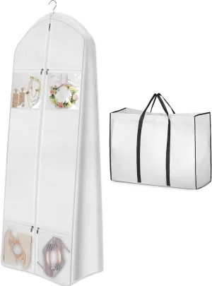 Habrur Clothes Cover 2pcs 70"" Wedding Dress Garment Bag With Tote Bag 8'' Gusseted Dress Bags 4 Pockets Suit Bags, 58.4*20.3*177.8cm, White