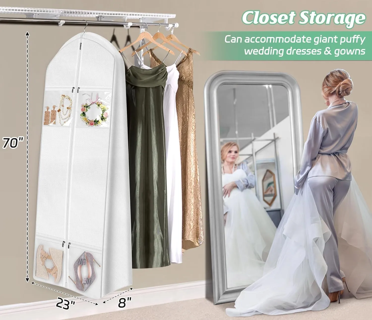 Habrur Clothes Cover 2pcs 70"" Wedding Dress Garment Bag With Tote Bag 8'' Gusseted Dress Bags 4 Pockets Suit Bags, 58.4*20.3*177.8cm, White