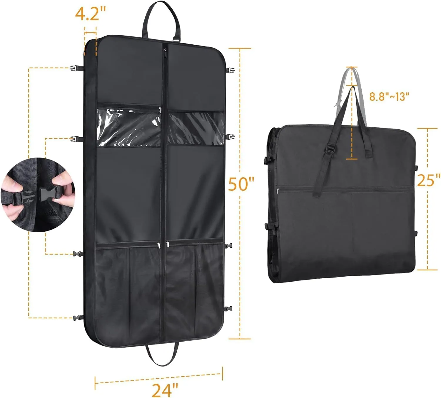 Habrur Clothes Cover 50"" Garment Bag With Handle Gusseted Zippered 6 Pockets Foldable Cloth Suit Bag Suit Bags, 60*10*125cm, Black