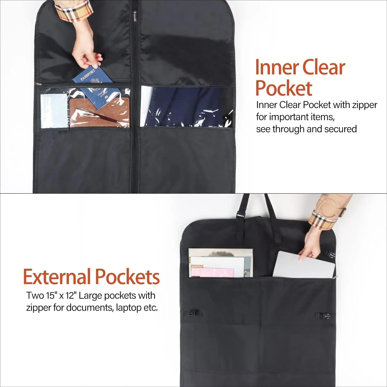 Habrur Clothes Cover 50"" Garment Bag With Handle Gusseted Zippered 6 Pockets Foldable Cloth Suit Bag Suit Bags, 60*10*125cm, Black