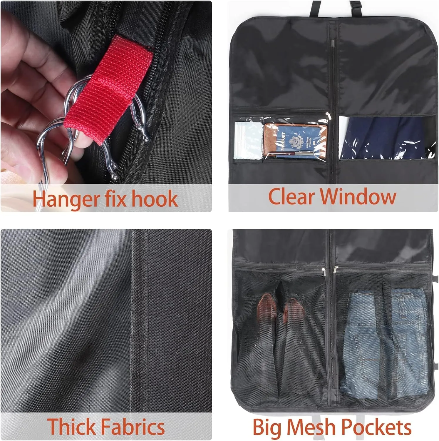 Habrur Clothes Cover 50"" Garment Bag With Handle Gusseted Zippered 6 Pockets Foldable Cloth Suit Bag Suit Bags, 60*10*125cm, Black