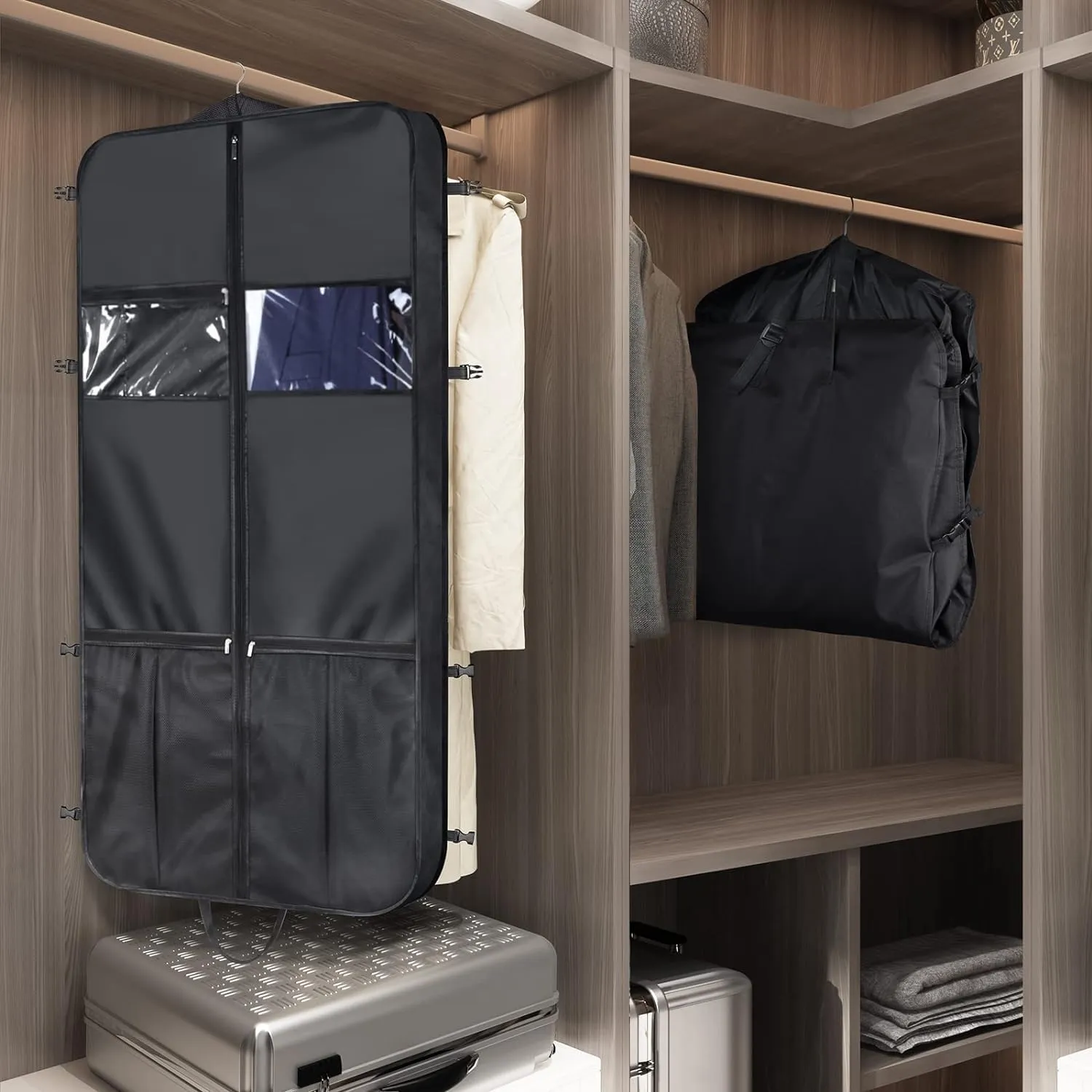 Habrur Clothes Cover 50"" Garment Bag With Handle Gusseted Zippered 6 Pockets Foldable Cloth Suit Bag Suit Bags, 60*10*125cm, Black