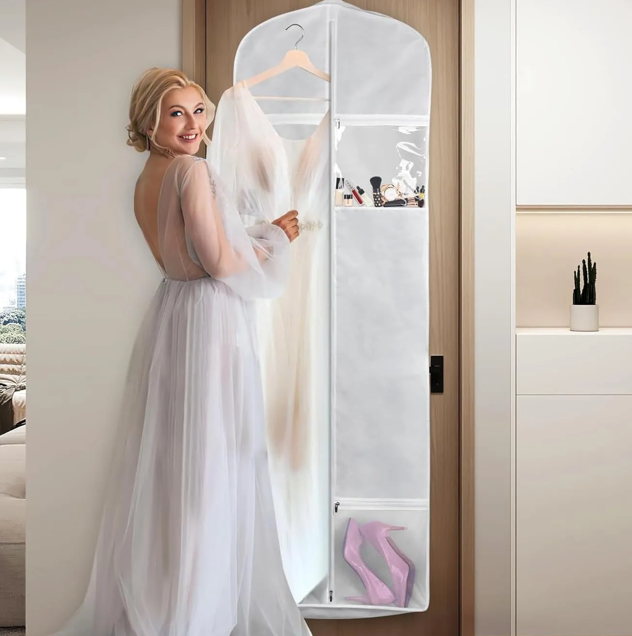 Habrur Clothes Cover Wedding Dress Garment Bag with Tote Bag Gusseted Dress Bags for Gowns Long 4 Pockets Suit Bags