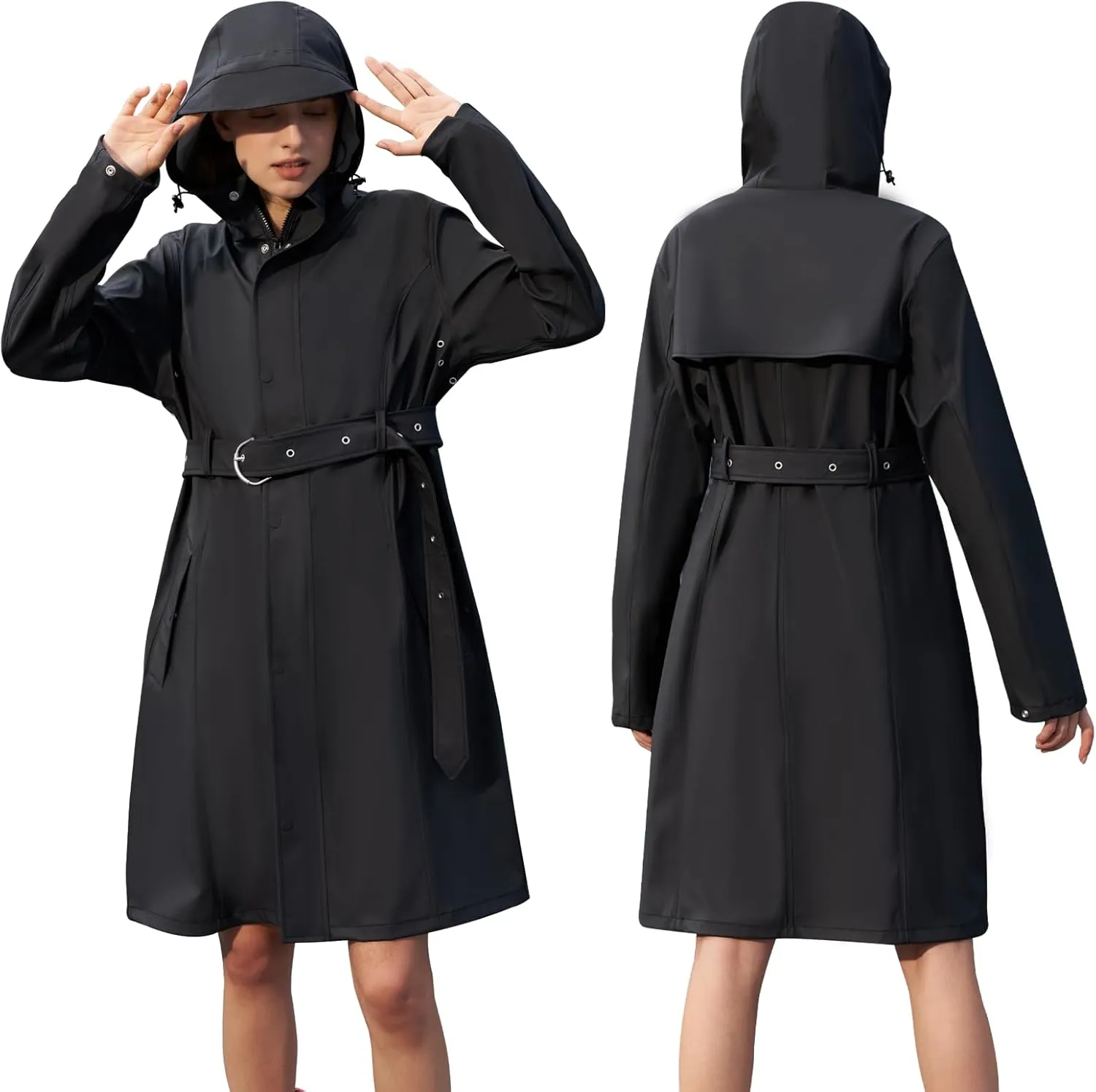 HALO RAIN Women's Single Breasted Long Trench Coat Windproof Raincoat Outerwear Lightweight Windbreaker with Blet & Hood