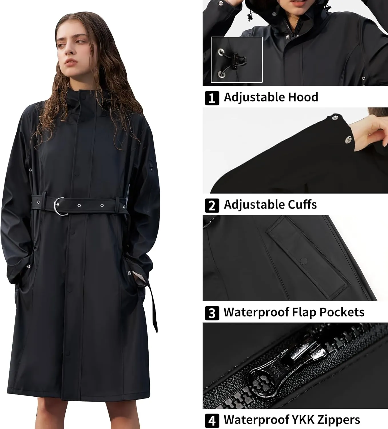 HALO RAIN Women's Single Breasted Long Trench Coat Windproof Raincoat Outerwear Lightweight Windbreaker with Blet & Hood