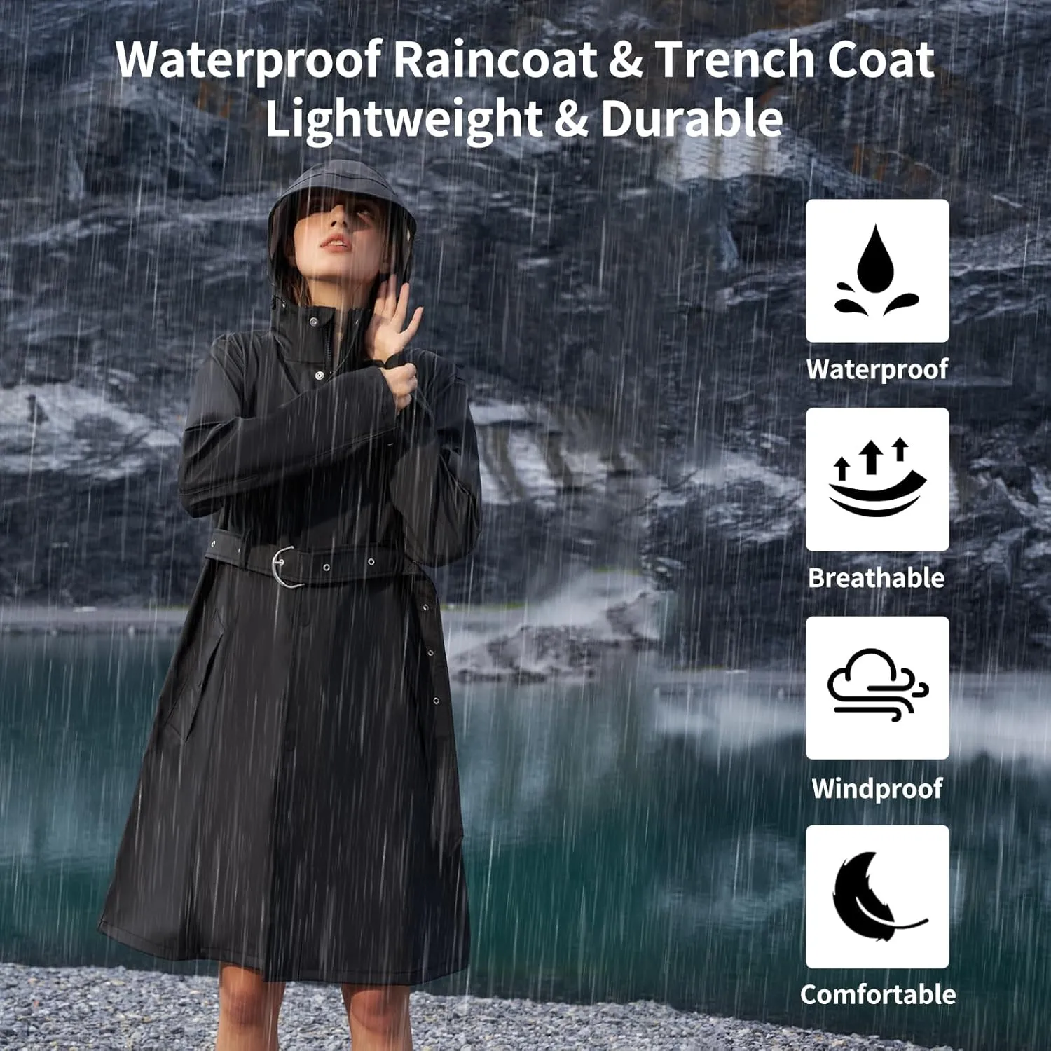 HALO RAIN Women's Single Breasted Long Trench Coat Windproof Raincoat Outerwear Lightweight Windbreaker with Blet & Hood
