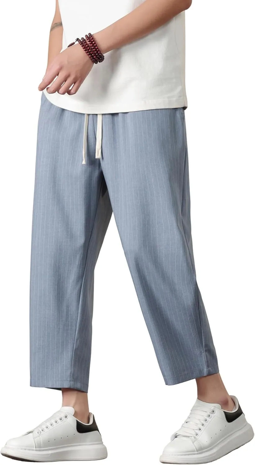 Harem Pants for Men Casual Capri Pant Lightweight Elastic Waist Linen Beach Trouser