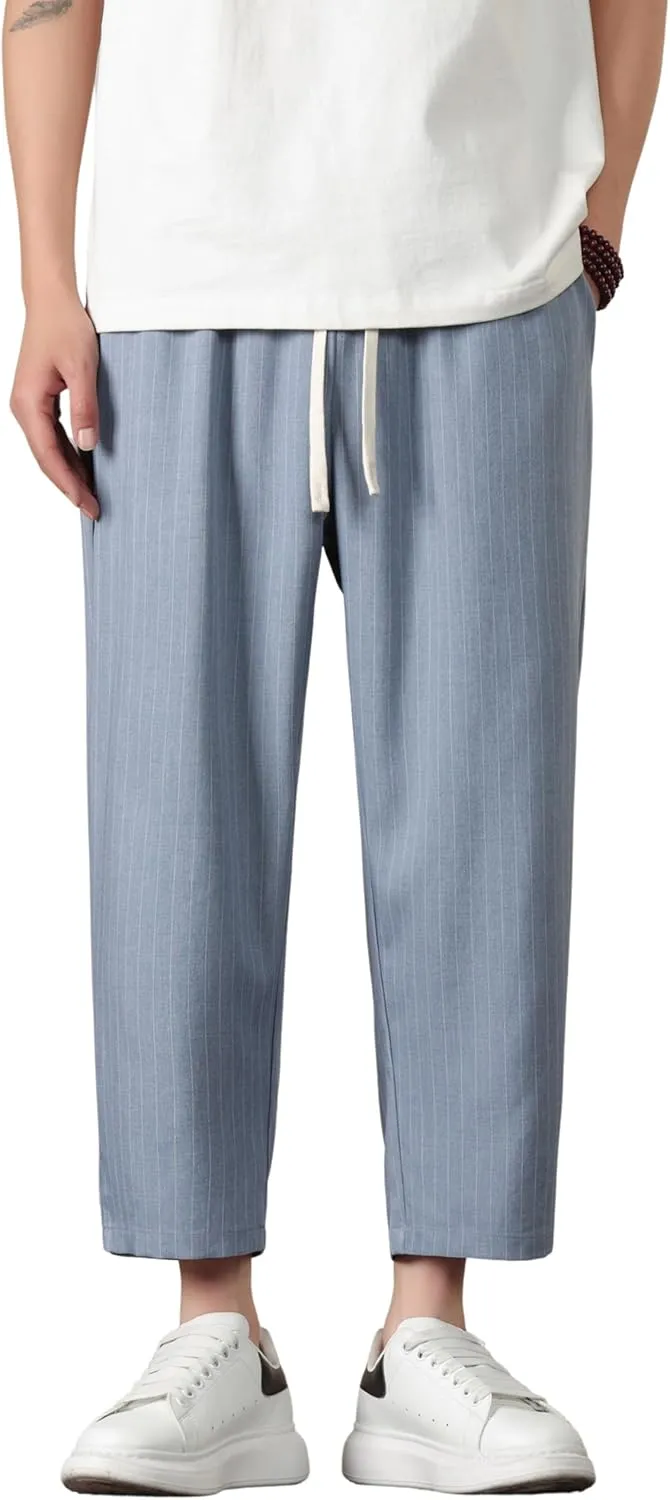 Harem Pants for Men Casual Capri Pant Lightweight Elastic Waist Linen Beach Trouser