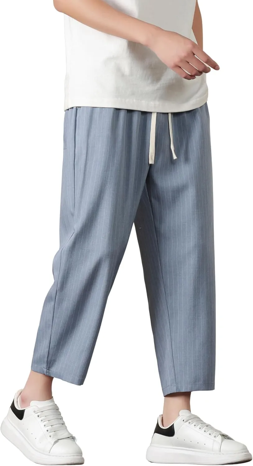 Harem Pants for Men Casual Capri Pant Lightweight Elastic Waist Linen Beach Trouser