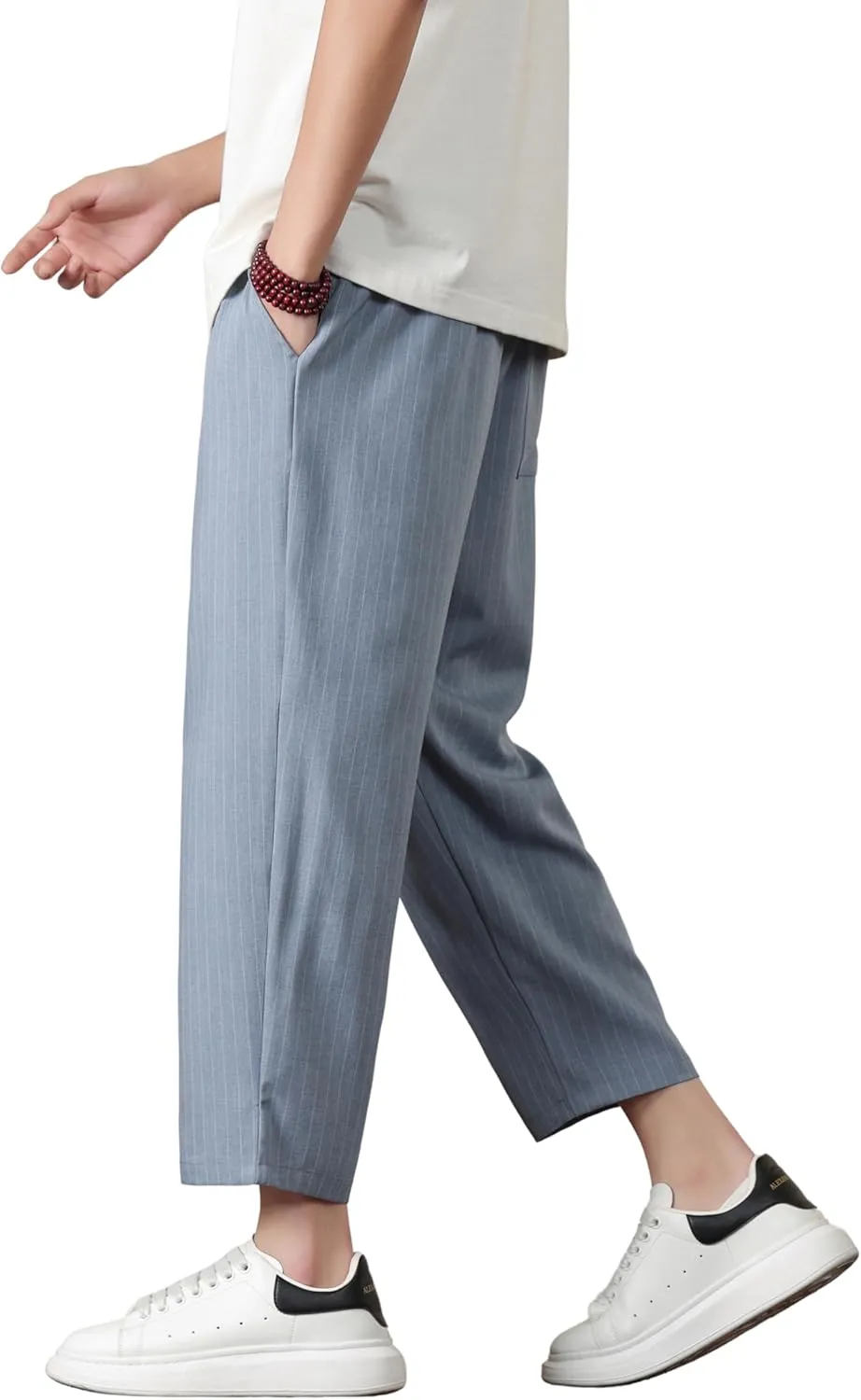 Harem Pants for Men Casual Capri Pant Lightweight Elastic Waist Linen Beach Trouser