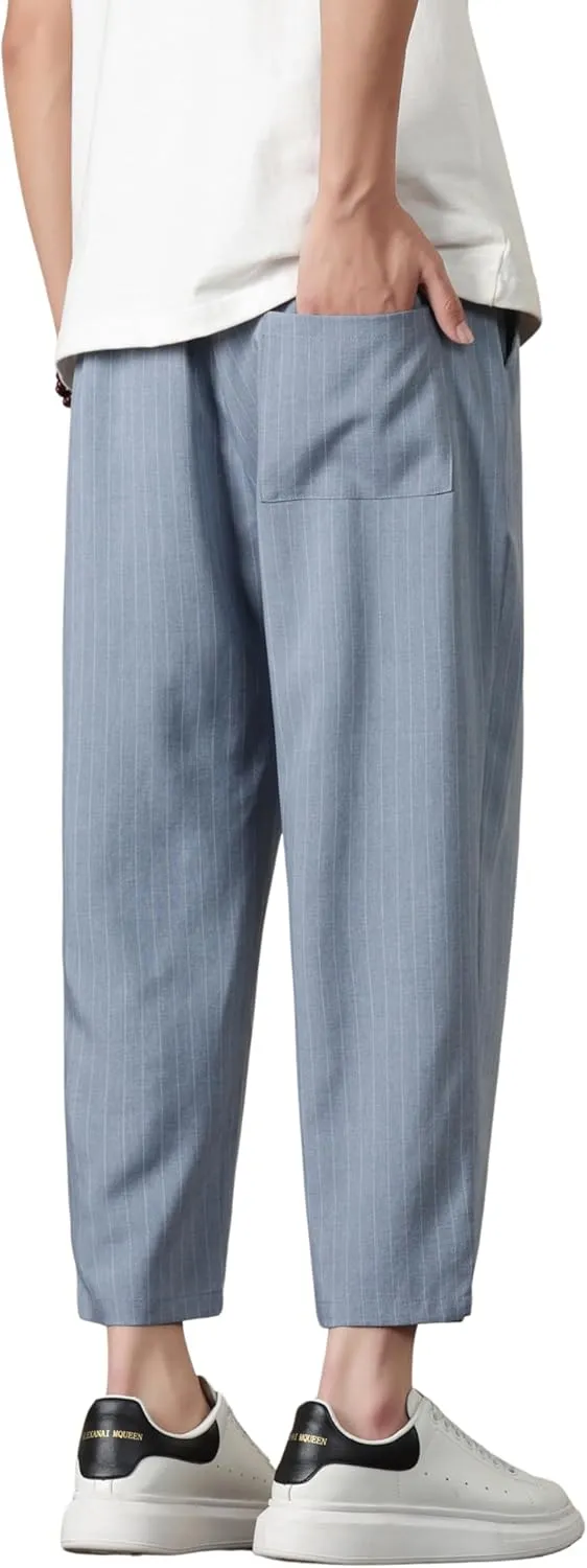Harem Pants for Men Casual Capri Pant Lightweight Elastic Waist Linen Beach Trouser