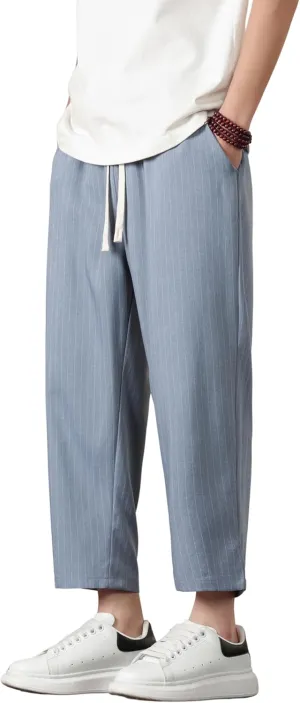 Harem Pants for Men Casual Capri Pant Lightweight Elastic Waist Linen Beach Trouser