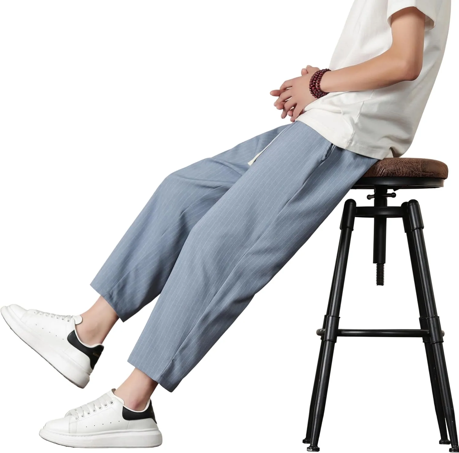 Harem Pants for Men Casual Capri Pant Lightweight Elastic Waist Linen Beach Trouser