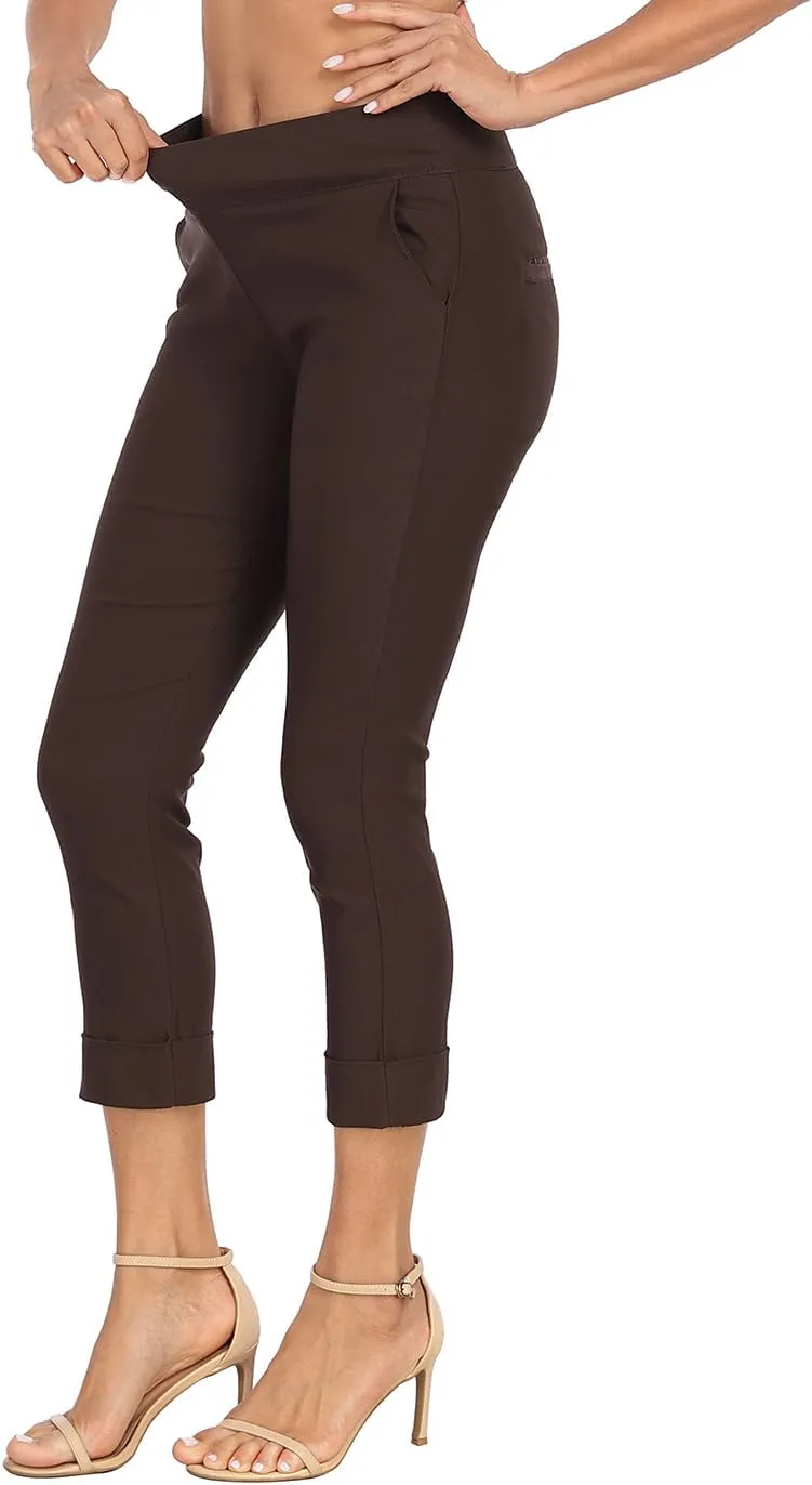 HDE Pull On Capri Pants for Women with Pockets Elastic Waist Cropped Work Pants