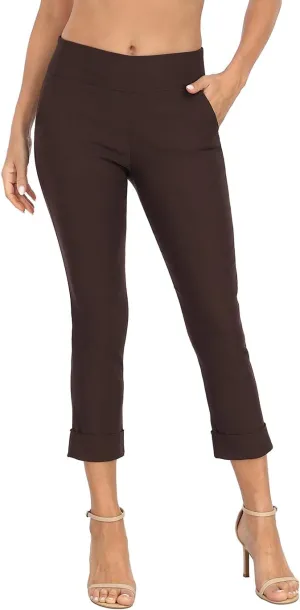 HDE Pull On Capri Pants for Women with Pockets Elastic Waist Cropped Work Pants