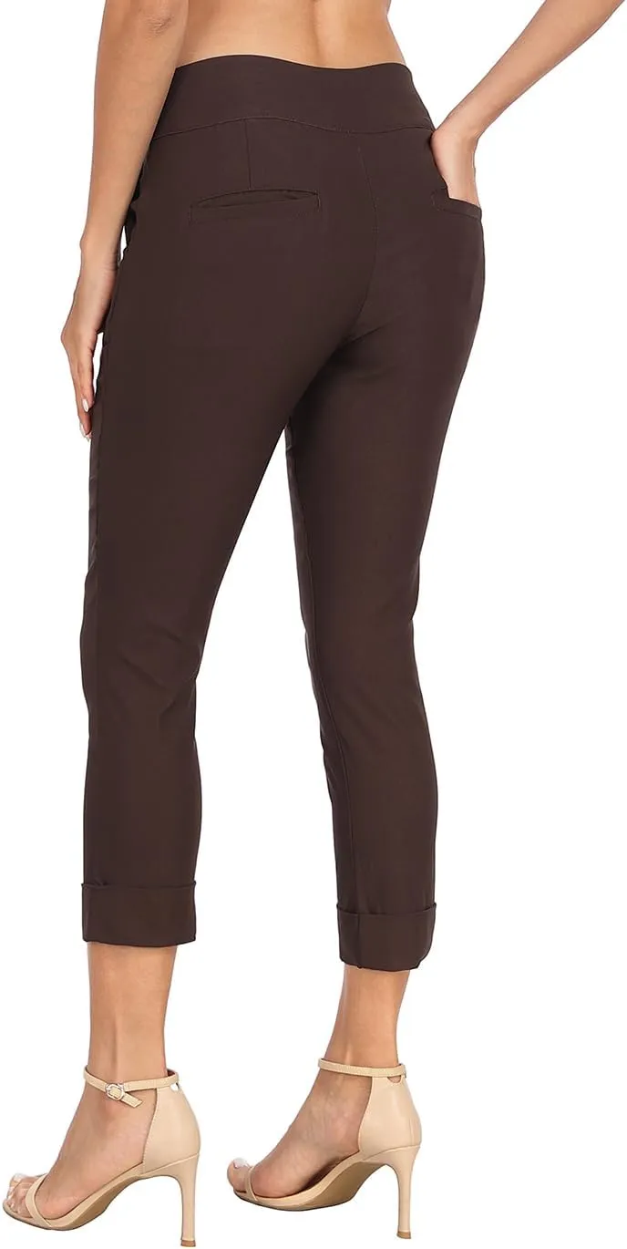 HDE Pull On Capri Pants for Women with Pockets Elastic Waist Cropped Work Pants
