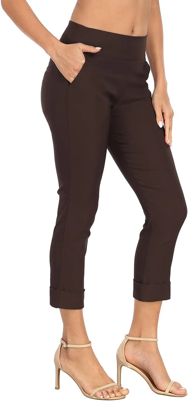 HDE Pull On Capri Pants for Women with Pockets Elastic Waist Cropped Work Pants