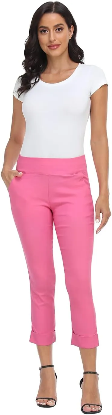 HDE Pull On Capri Pants for Women with Pockets Elastic Waist Cropped Work Pants