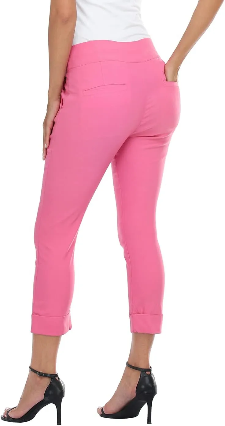 HDE Pull On Capri Pants for Women with Pockets Elastic Waist Cropped Work Pants