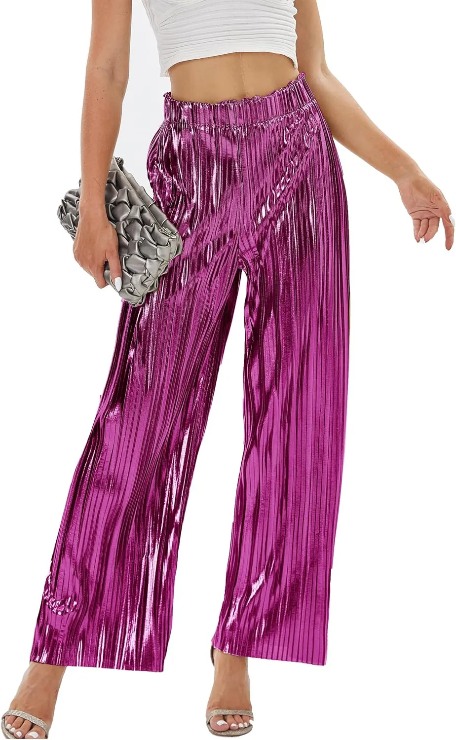 heipeiwa Women's Shiny Pleated Wide Leg Pants Party Nightout High Elastic Waist Trouser Outfit Clubwear