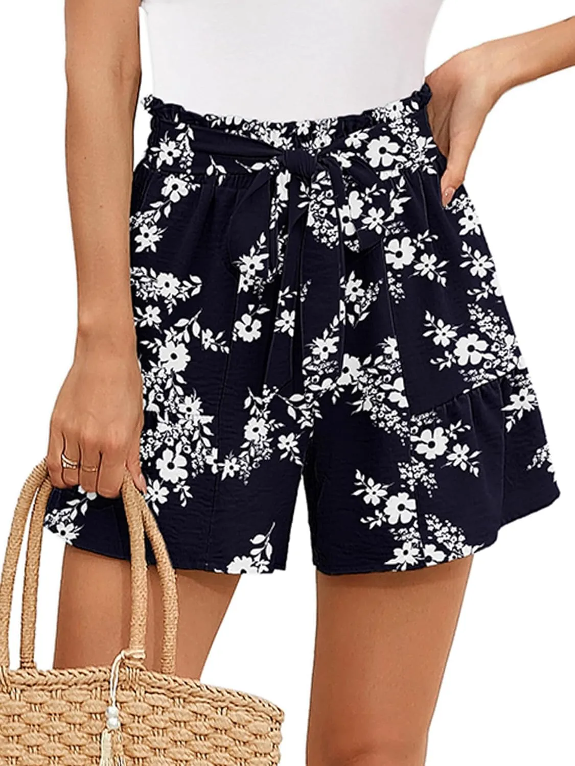 Heymoments Women's Wide Leg Shorts Lightweight High Waisted Adjustable Tie Knot Loose Summer Cute Trousers