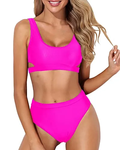High Leg Bikini Set For Teen Junior 2 Piece High Waisted Sport Swimsuit-Neon Pink