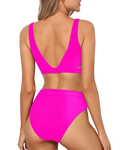 High Leg Bikini Set For Teen Junior 2 Piece High Waisted Sport Swimsuit-Neon Pink