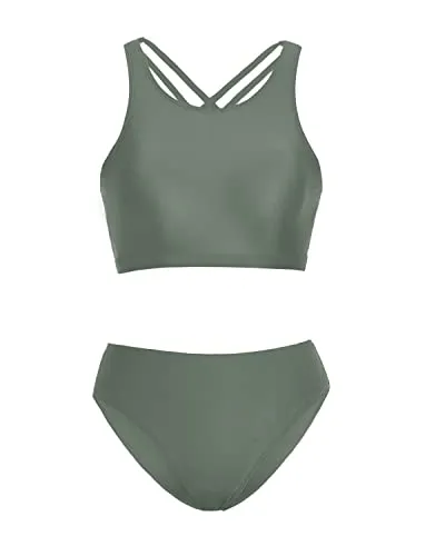 High Neck Push Up Sports Bra Two Piece Swimsuits For Teen Girls-Army Green