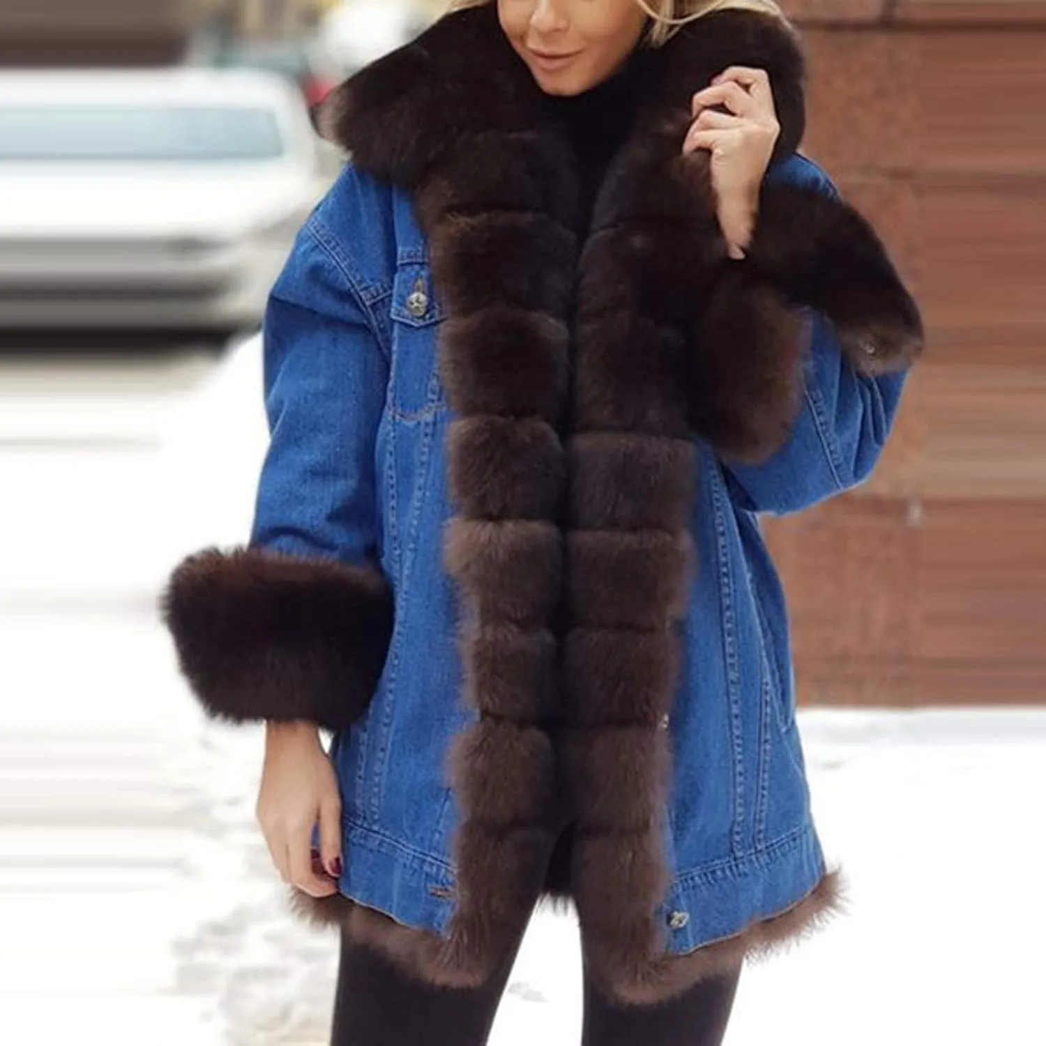 HINDOLA Womens Winter Denim Coats Faux Fur Thicken Lined Hood Overcoat Warm Sherpa Fur Jacket Snow Parka Jacket