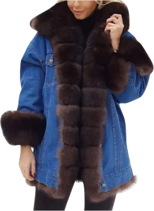 HINDOLA Womens Winter Denim Coats Faux Fur Thicken Lined Hood Overcoat Warm Sherpa Fur Jacket Snow Parka Jacket
