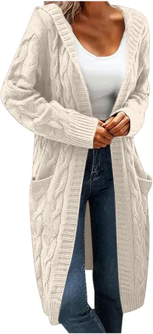 Hooded Open Front Cardigan for Women Cable Knit Sweaters Pocketed Oversized Knee Length Long Coats