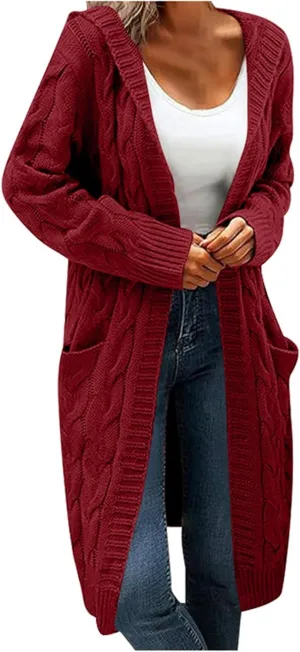 Hooded Open Front Cardigan for Women Cable Knit Sweaters Pocketed Oversized Knee Length Long Coats