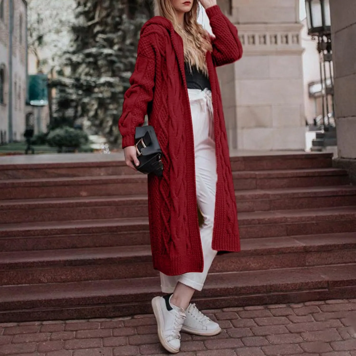 Hooded Open Front Cardigan for Women Cable Knit Sweaters Pocketed Oversized Knee Length Long Coats