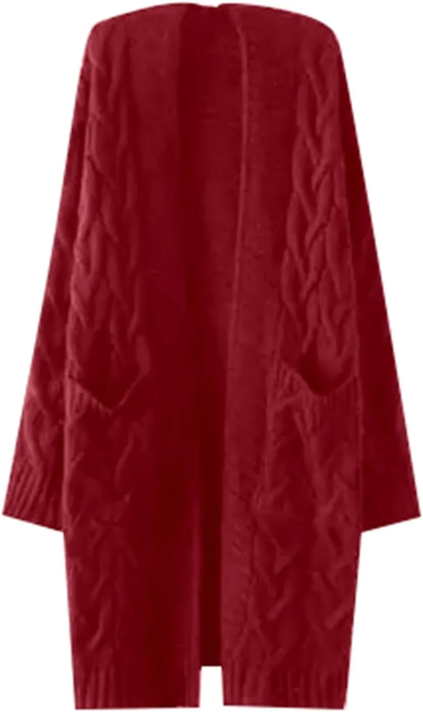 Hooded Open Front Cardigan for Women Cable Knit Sweaters Pocketed Oversized Knee Length Long Coats