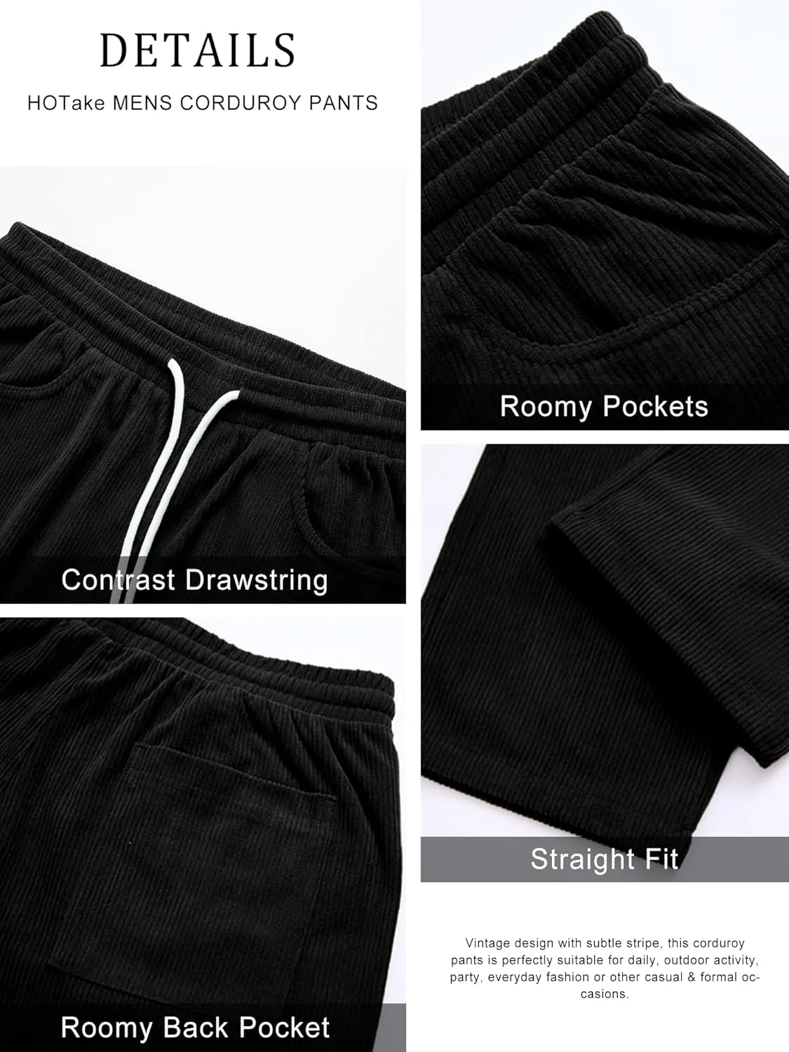 HOTake Men's Casual Corduroy Pants Elastic Waist Drawstring Baggy Sweatpants Loose Fit