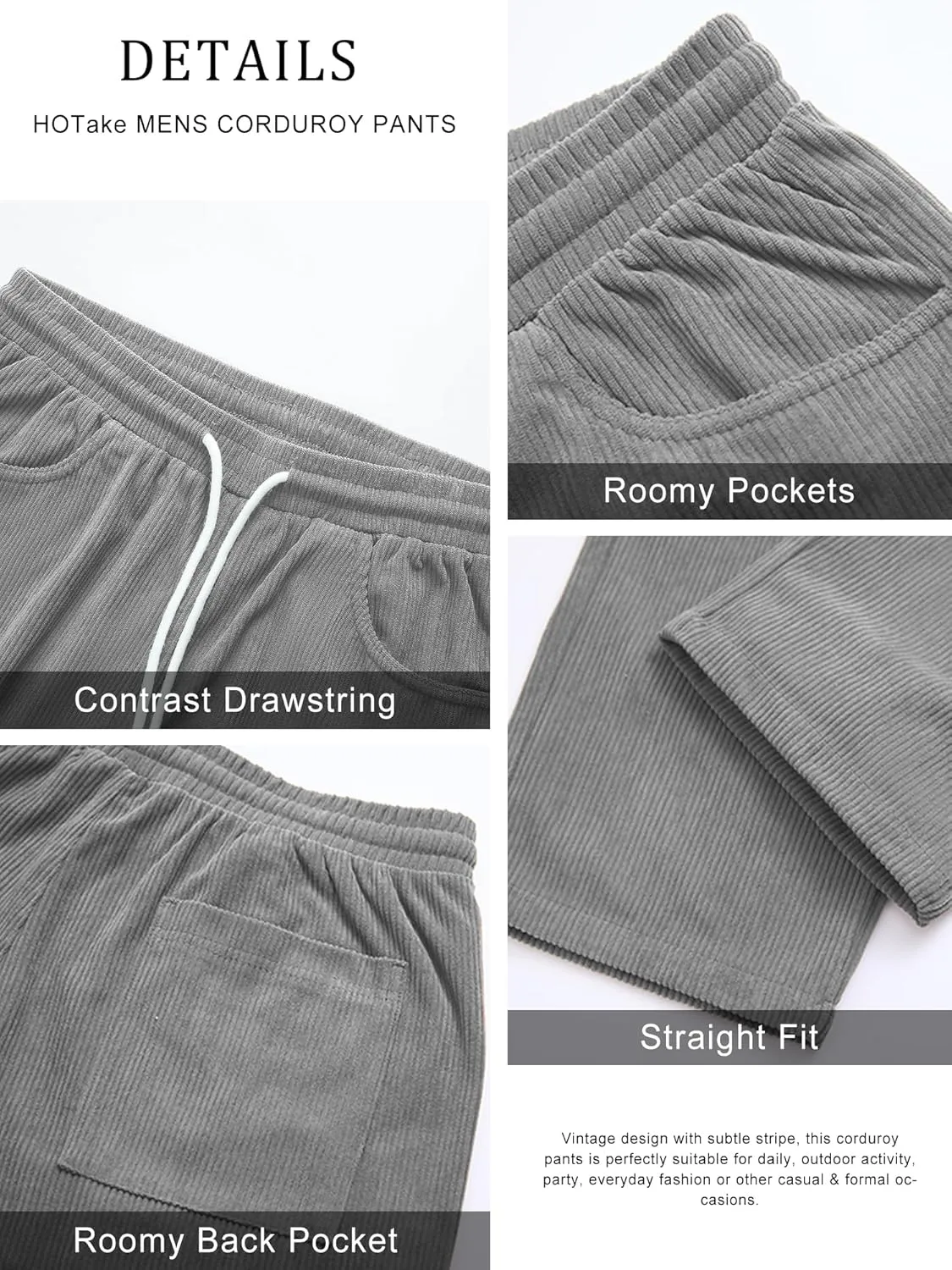 HOTake Men's Casual Corduroy Pants Elastic Waist Drawstring Baggy Sweatpants Loose Fit