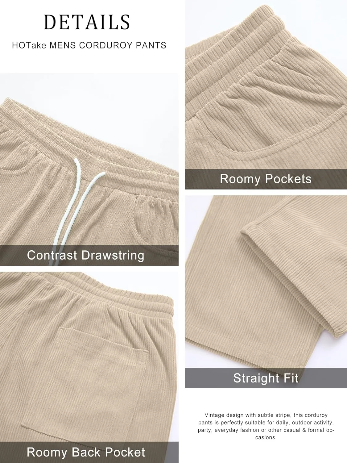 HOTake Men's Casual Corduroy Pants Elastic Waist Drawstring Baggy Sweatpants Loose Fit