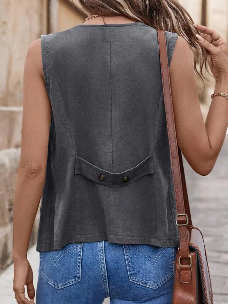 IDEALSANXUN Womens Cotton Linen Vest Casual Lightweight Button Down Sleeveless Jackets Tops
