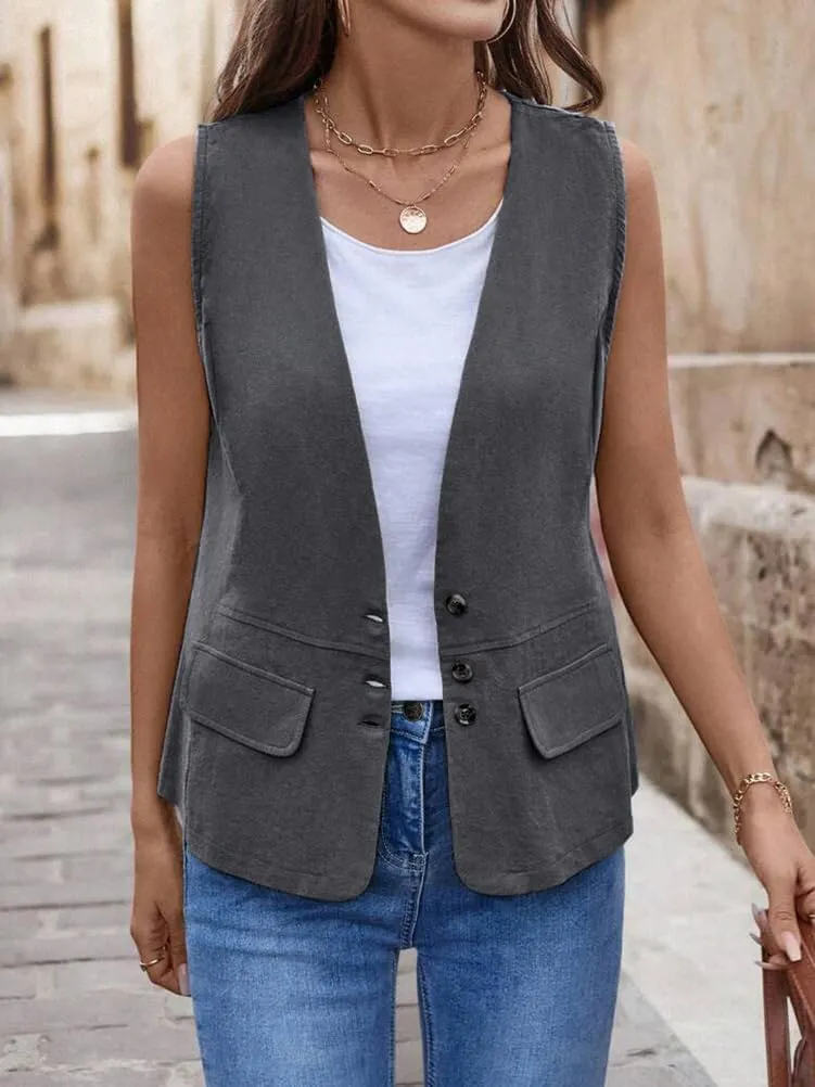 IDEALSANXUN Womens Cotton Linen Vest Casual Lightweight Button Down Sleeveless Jackets Tops