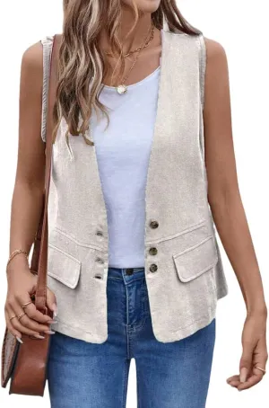 IDEALSANXUN Womens Cotton Linen Vest Casual Lightweight Button Down Sleeveless Jackets Tops