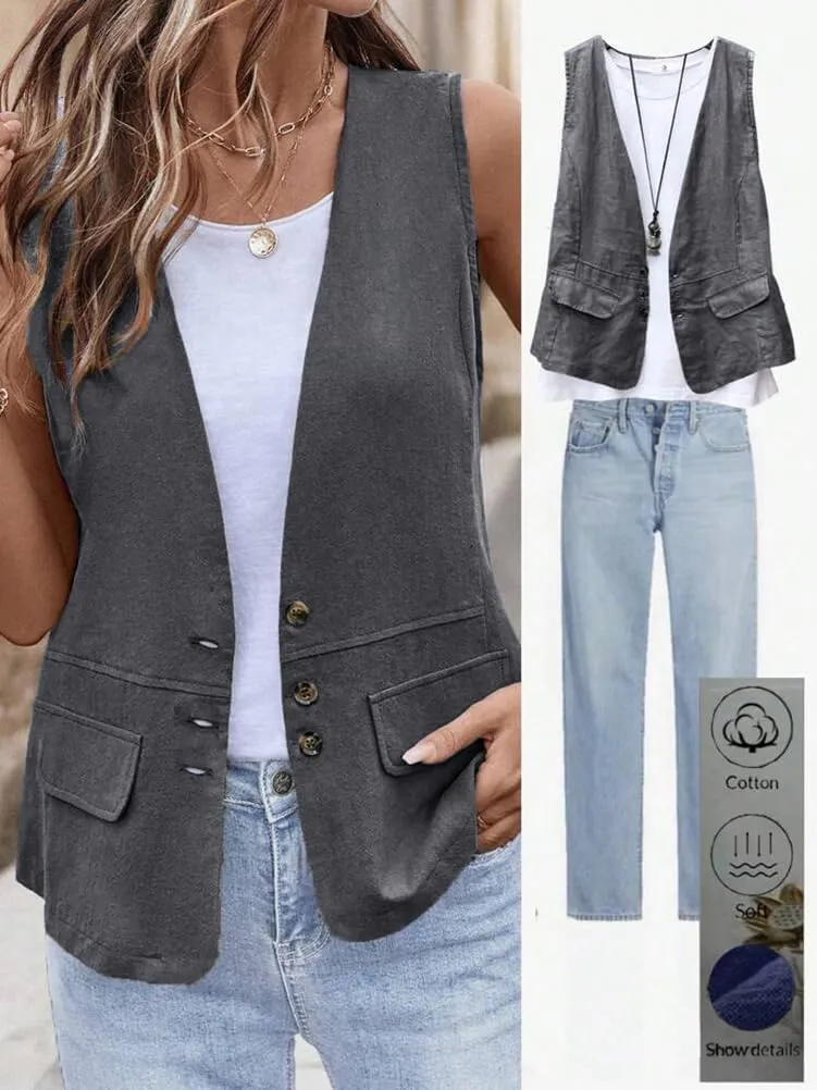 IDEALSANXUN Womens Cotton Linen Vest Casual Lightweight Button Down Sleeveless Jackets Tops