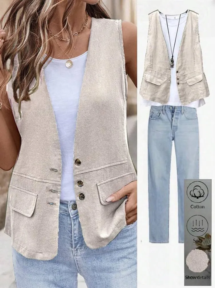 IDEALSANXUN Womens Cotton Linen Vest Casual Lightweight Button Down Sleeveless Jackets Tops
