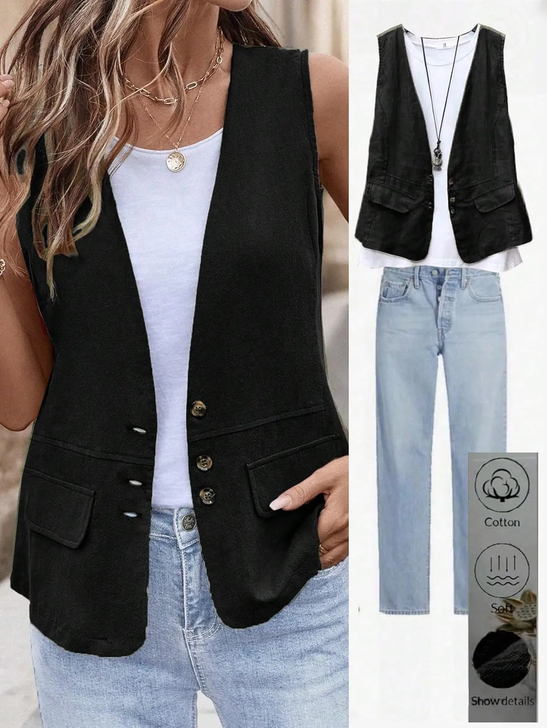 IDEALSANXUN Womens Cotton Linen Vest Casual Lightweight Button Down Sleeveless Jackets Tops