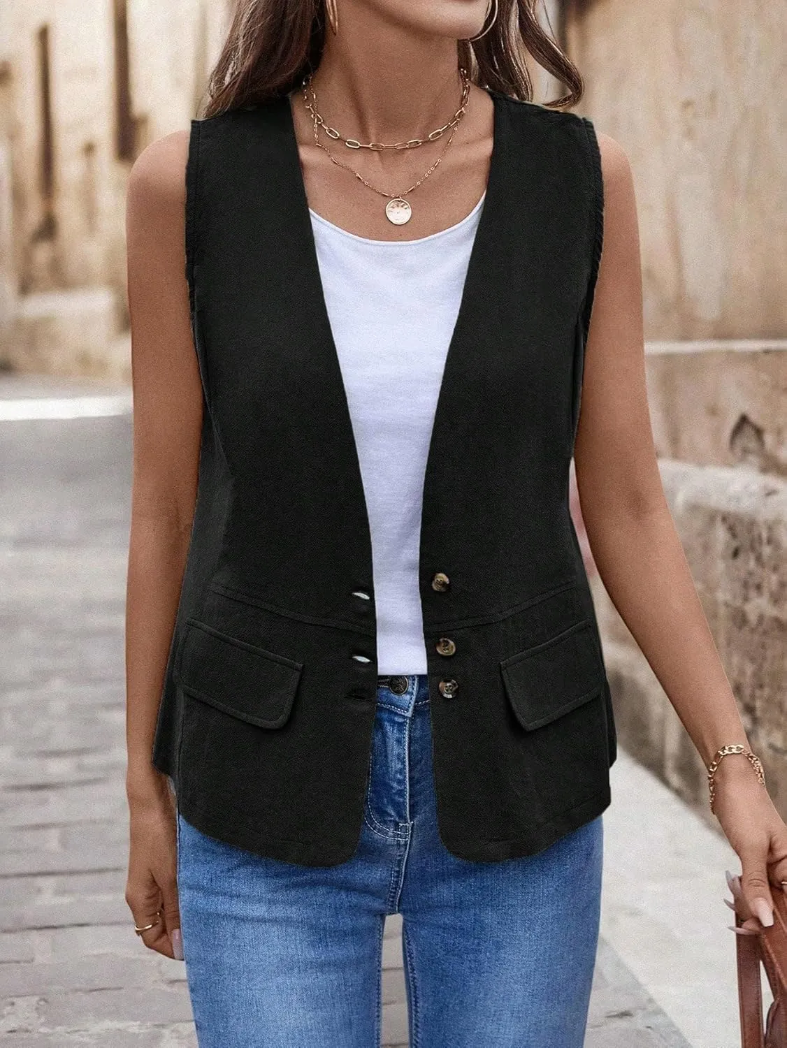 IDEALSANXUN Womens Cotton Linen Vest Casual Lightweight Button Down Sleeveless Jackets Tops